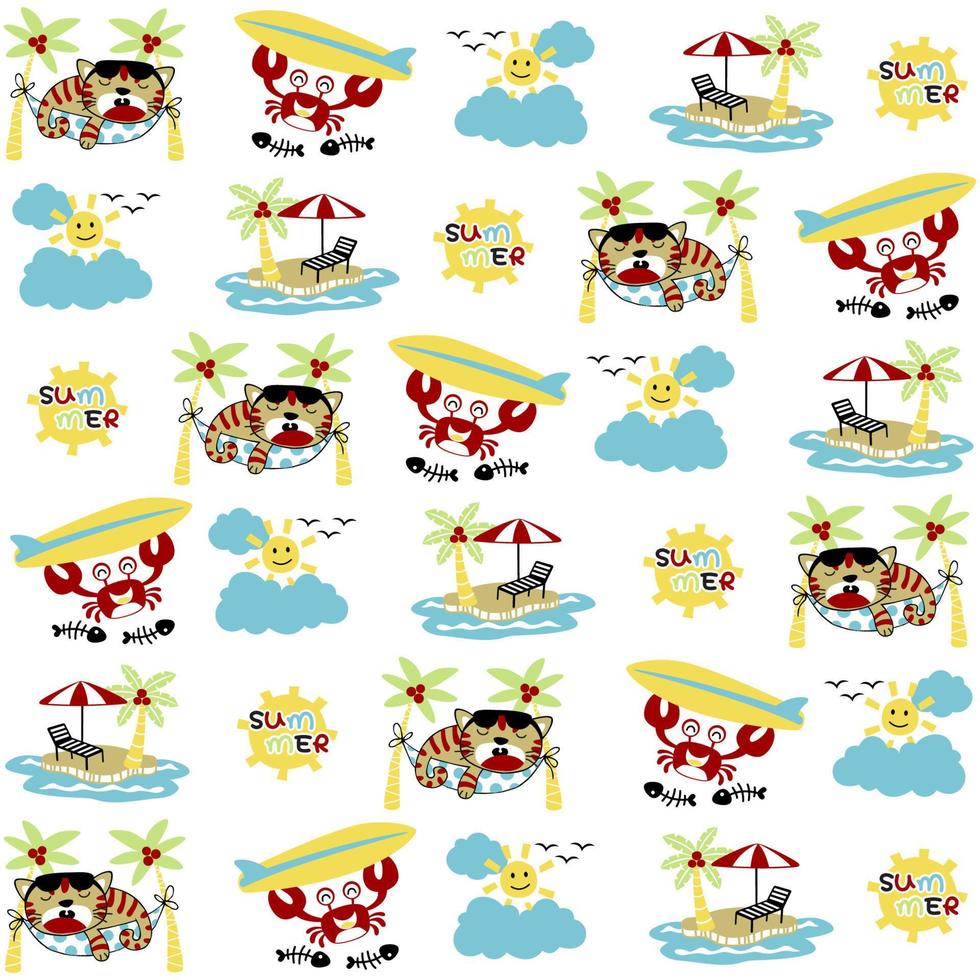 vector cartoon seamless pattern of little cat sleeping on hummock in the beach, crab holding surfboard, summer beach vacation elements