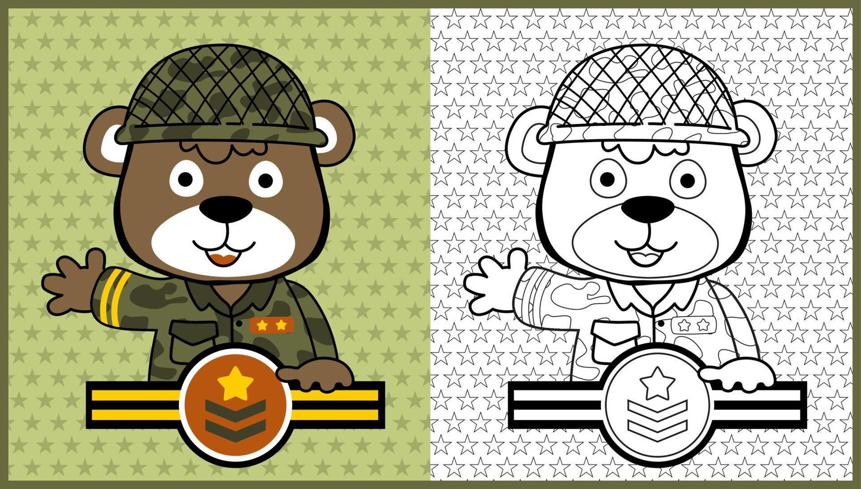 vector cartoon of funny bear soldier on star background pattern, coloring page or book