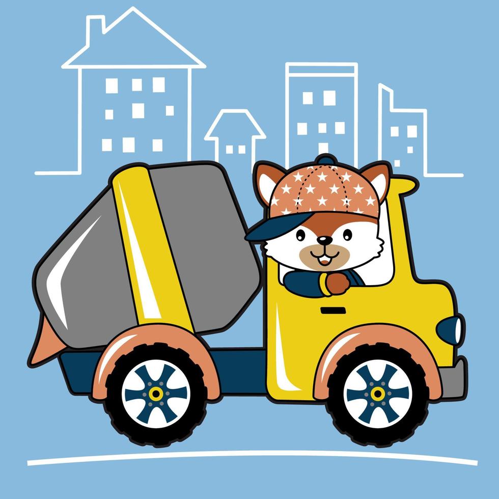 Funny fox driving mixer truck on buildings background, vector cartoon illustration