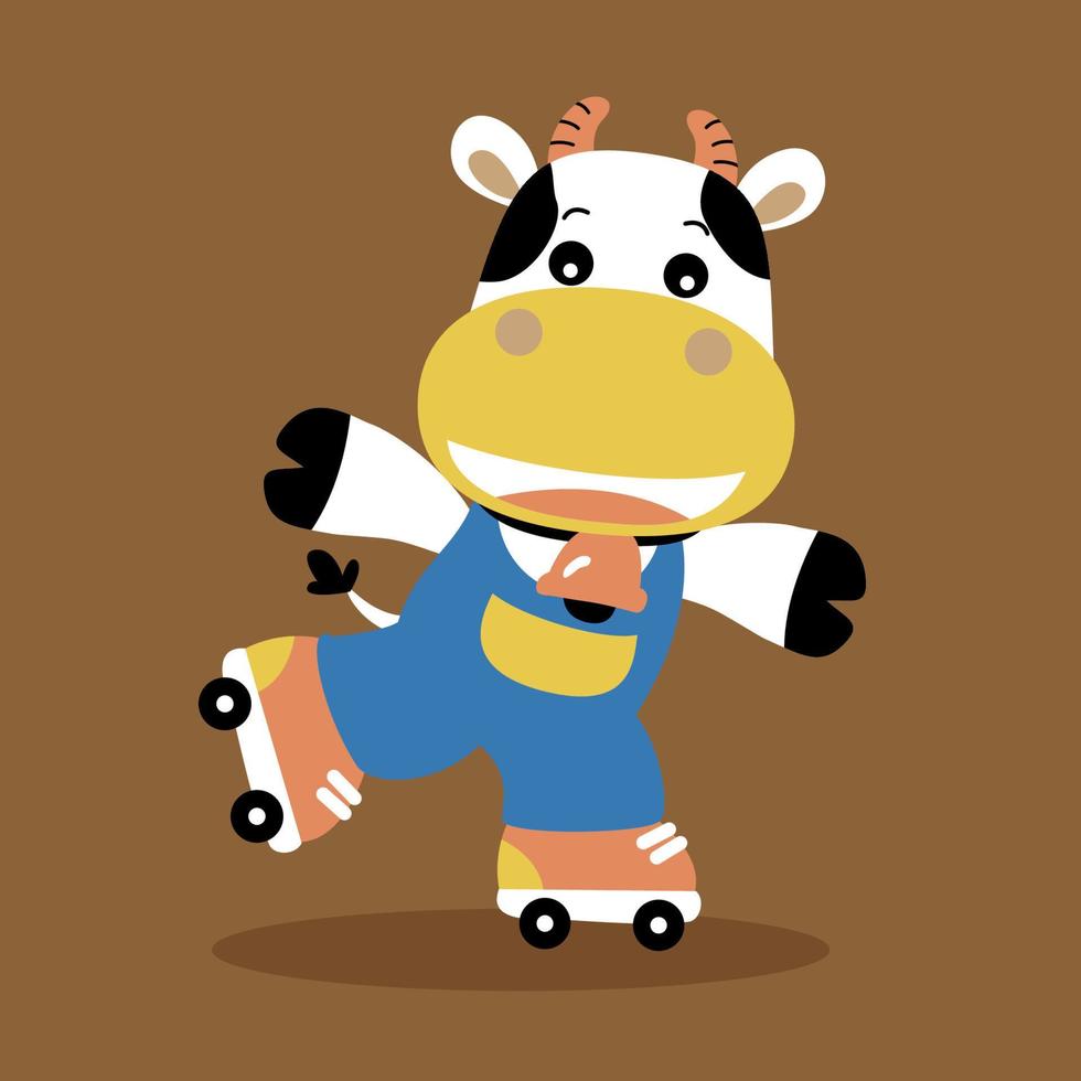gracioso vaca jugando rodillo patinar, vector dibujos animados ilustración