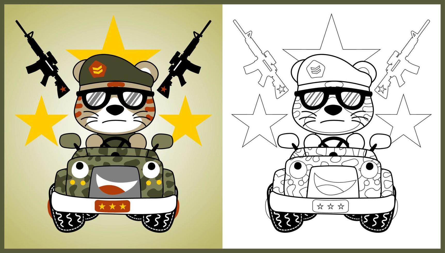 vector cartoon of funny cat soldier on armored vehicle with weapons, coloring page or book