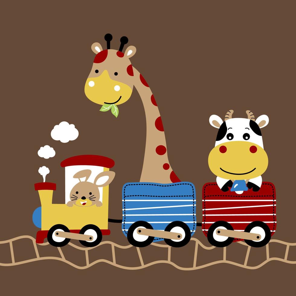 cute animals on steam train, vector cartoon illustration