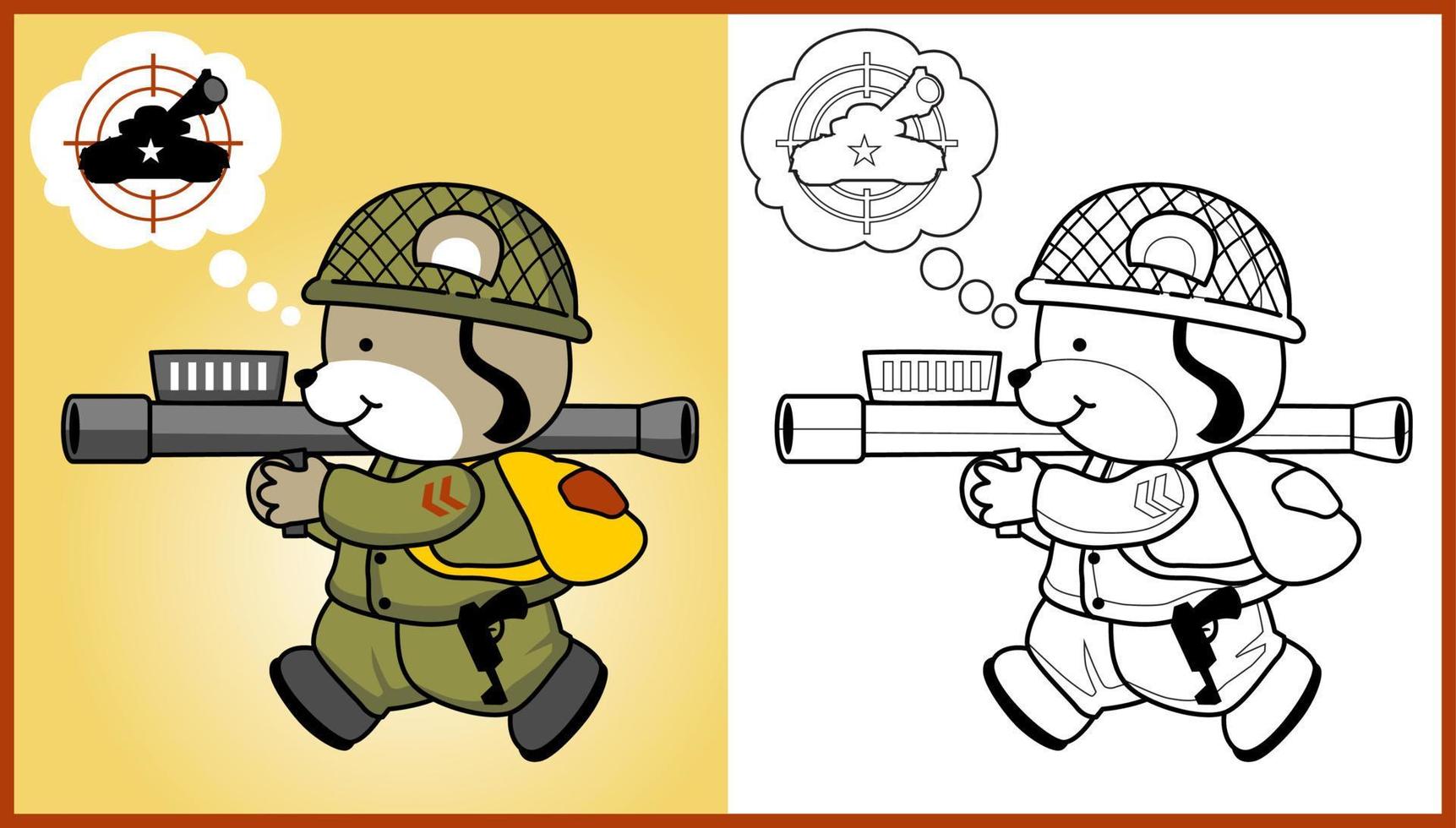 Cute bear soldier with heavy gun ready to fire a tank, vector cartoon illustration, coloring book or page