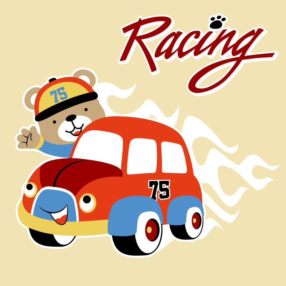 Cute bear on racing car, vector cartoon illustration