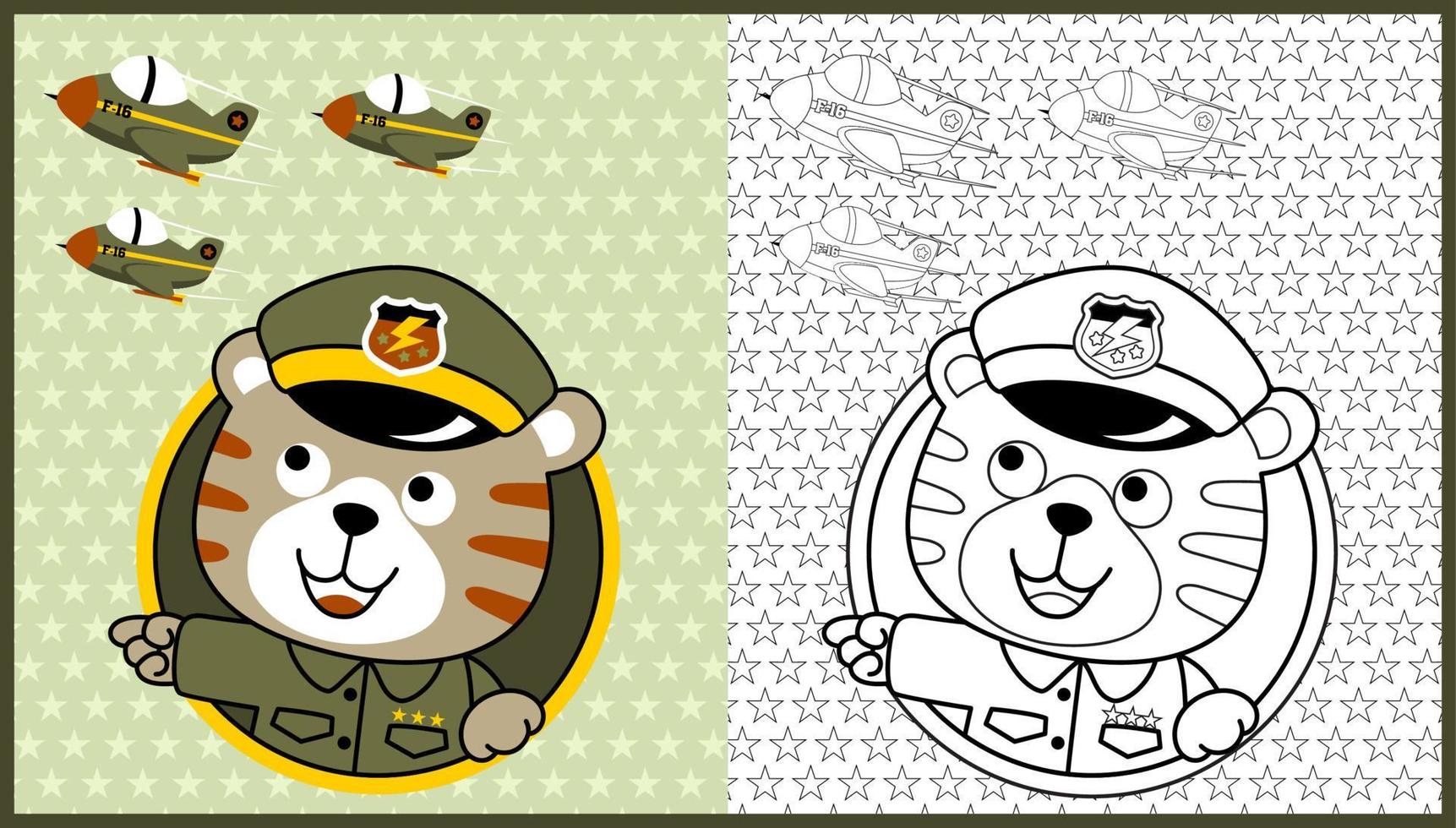 vector cartoon of funny cat soldier with jet plane on stars background pattern, coloring book or page