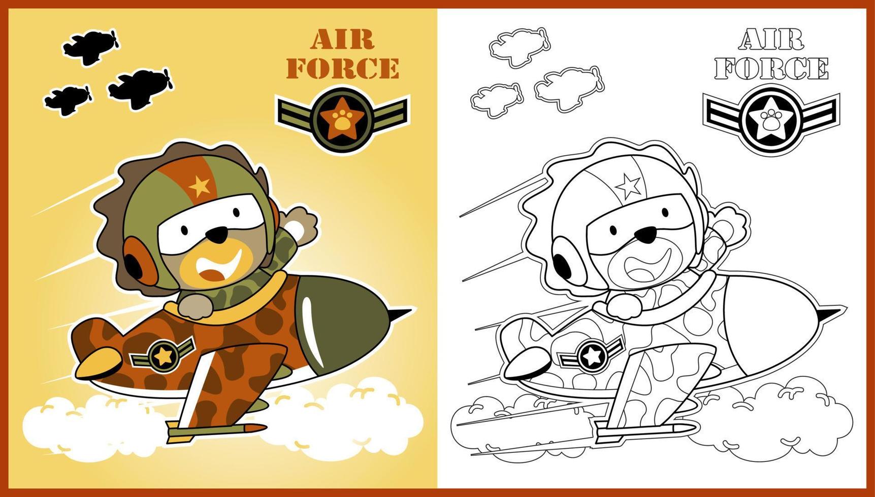 funny lion pilot on jet plane, vector cartoon illustration, coloring book or page