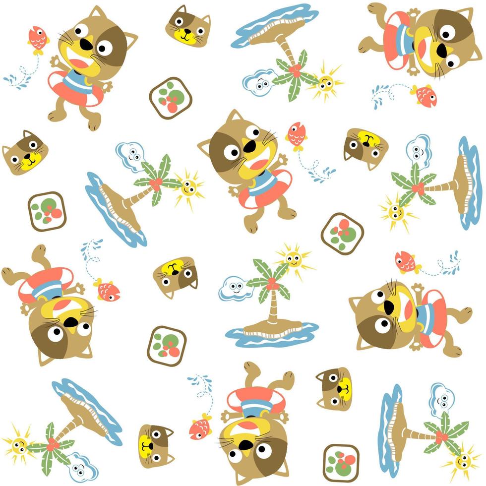 vector cartoon seamless pattern of funny kitten with beach vacation elements