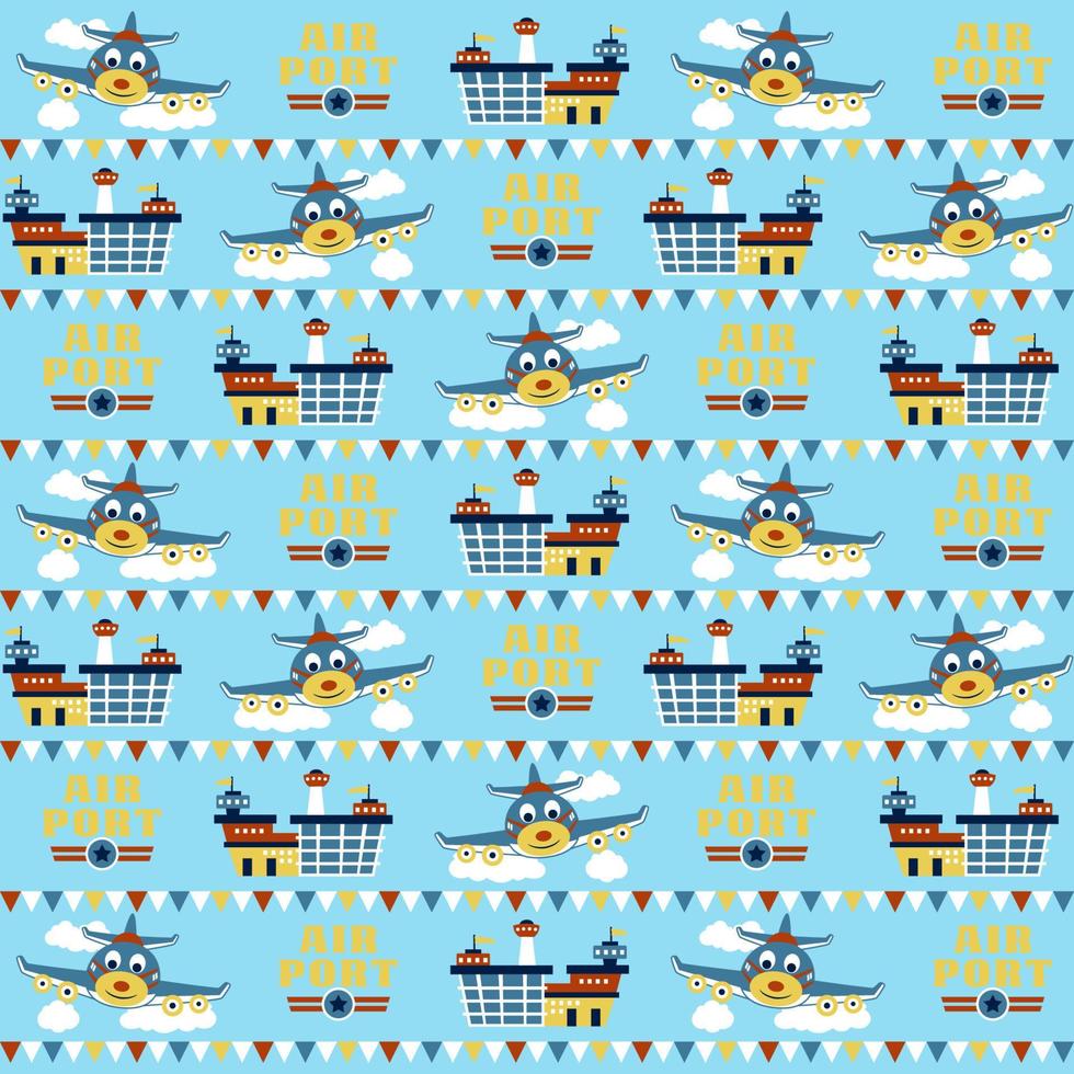 vector cartoon seamless pattern of funny airplane with airport elements