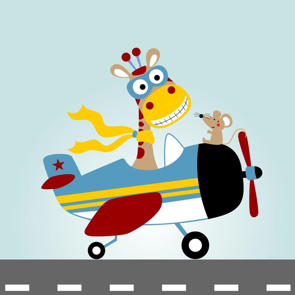 Funny giraffe with mice on airplane, vector cartoon illustration