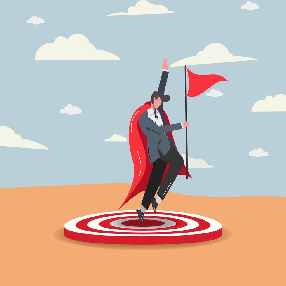 Businessman like a superhero holding the red flag landing on the target, achieving business concept vector