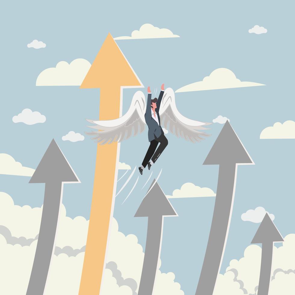 Businessman flying with wings up to sky like a growing business illustration vector