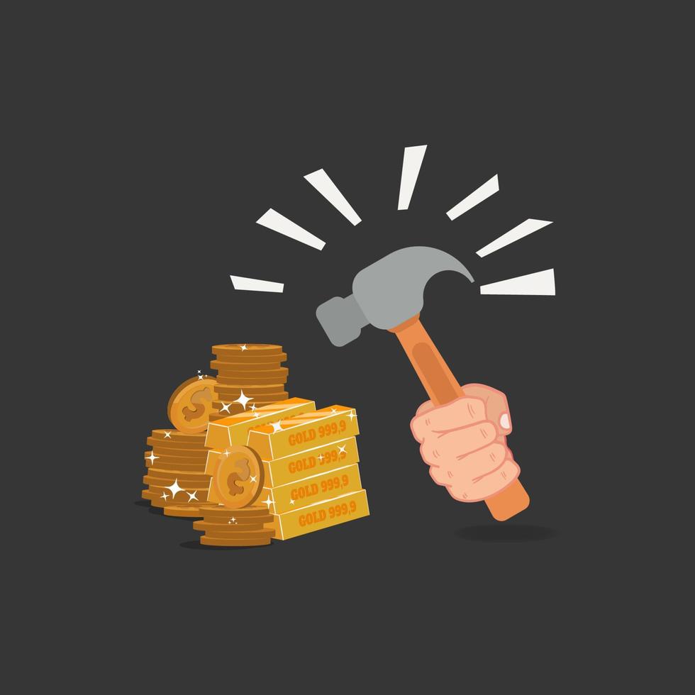 Hand holding hammer with coins an gold bars vector illustration
