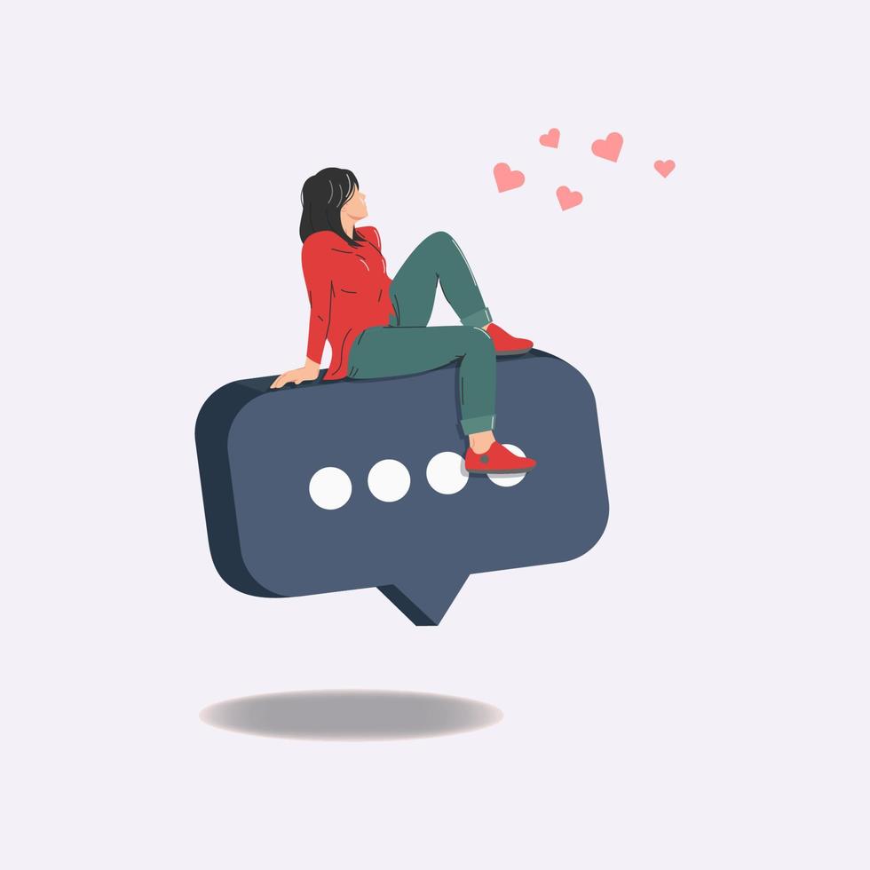 Woman sitting on speech bubble looking to the flying pink heart shape illustration vector