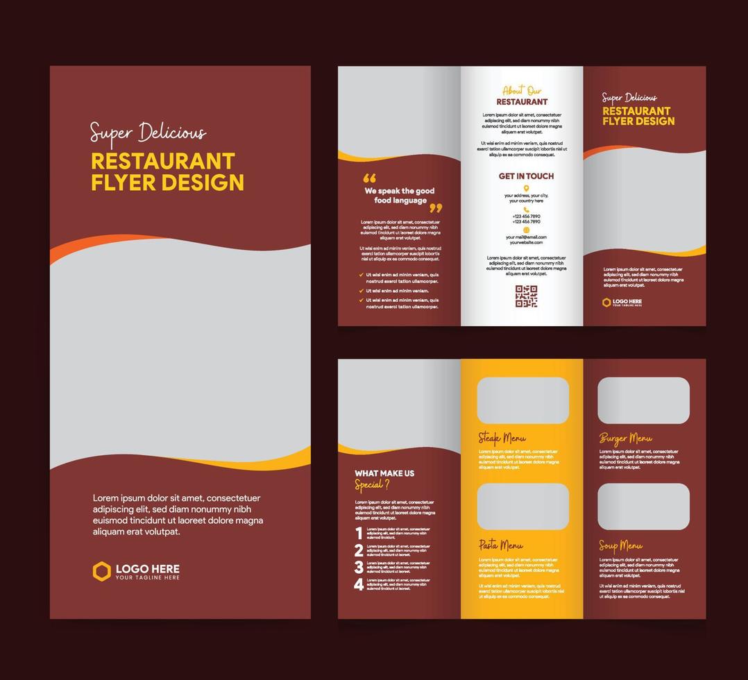 Modern food tri-fold brochure and menu design template. Tri-fold restaurant food menu brochure design template. vector