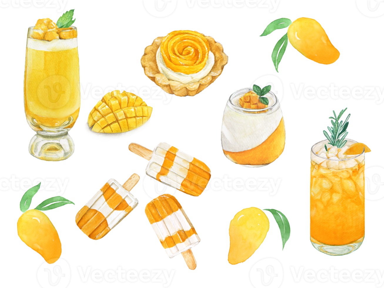 Mango bevanda e dolce menù acquerello, frullato, succo, crostata, budino, panna cotta, ghiaccio crema png