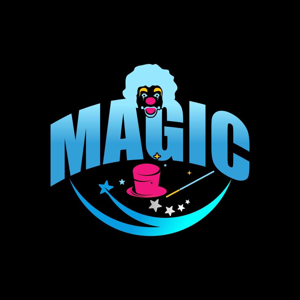 Writing MAGIC with clown head, hat, wand, and star image graphic icon logo design abstract concept vector stock. Can be used as a symbol related to entertainment or player profession