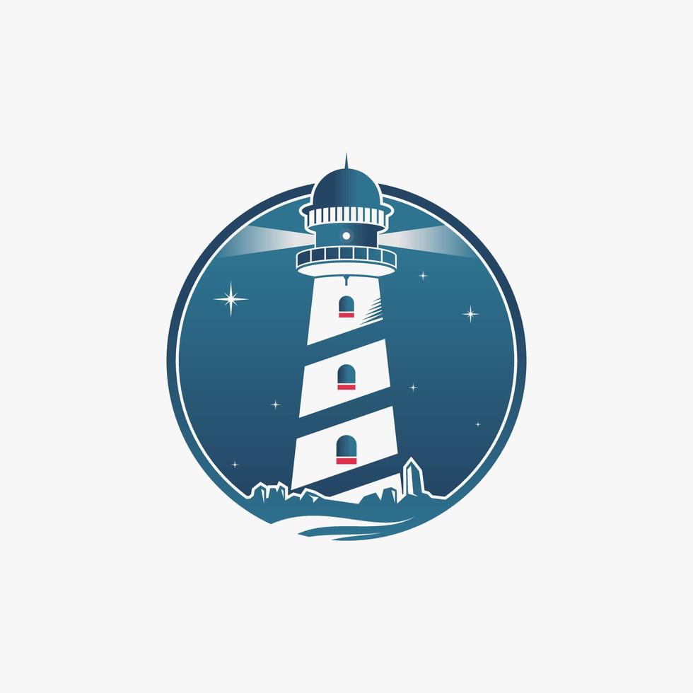 Simple and unique light house with ray, stone, wave, stars image graphic icon logo design abstract concept vector stock. Can be used as symbol related to beach or construction