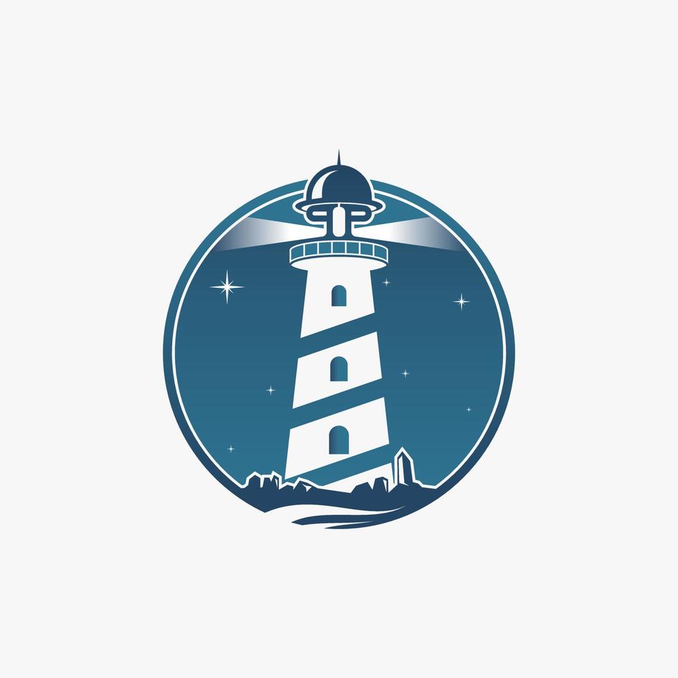 Simple and unique light house with ray, stone, wave, stars image graphic icon logo design abstract concept vector stock. Can be used as symbol related to beach or construction