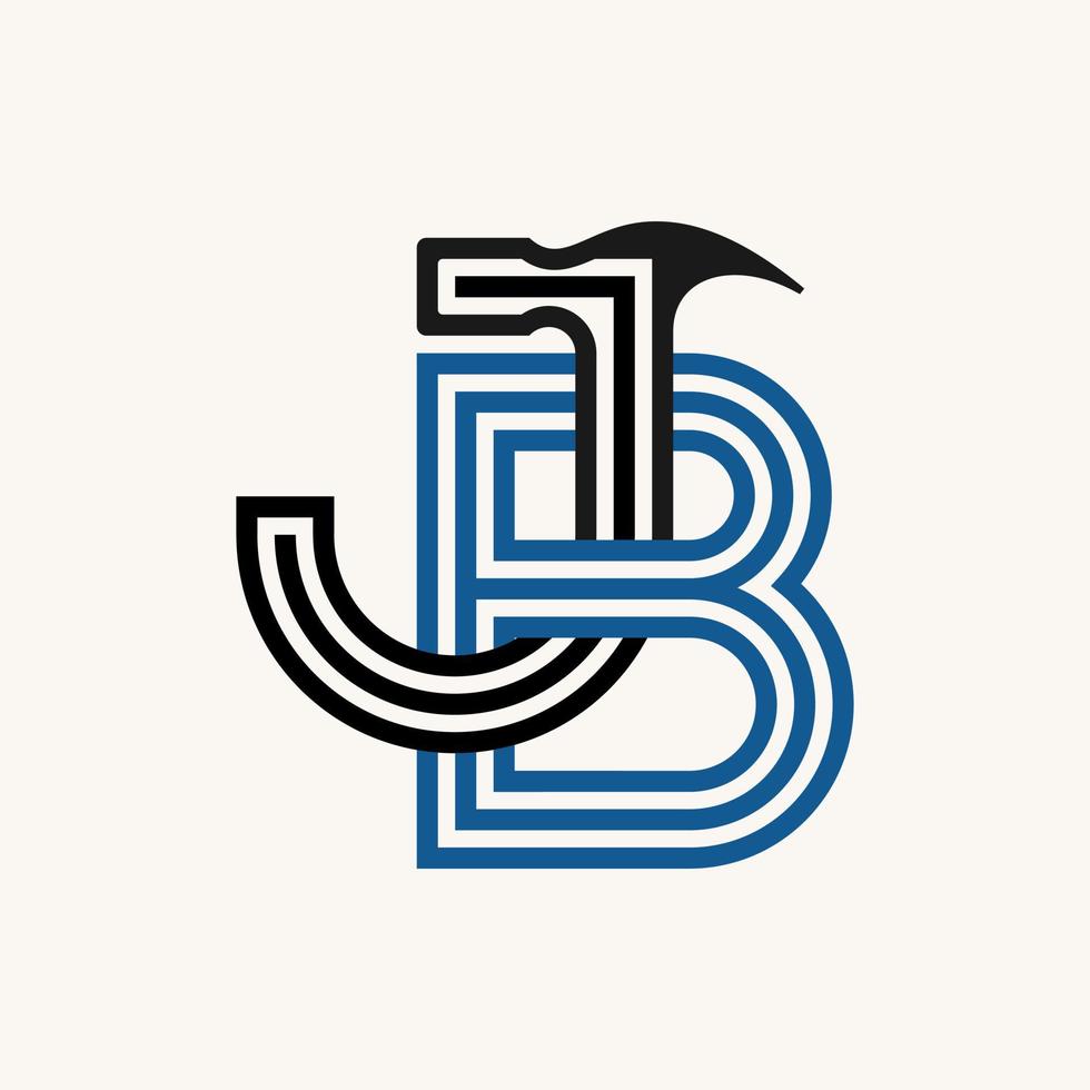 Unique letter or word JB sans serif three lines out font on connect with paint roller or hammer image graphic icon logo design abstract concept vector stock symbol related to initial or painting