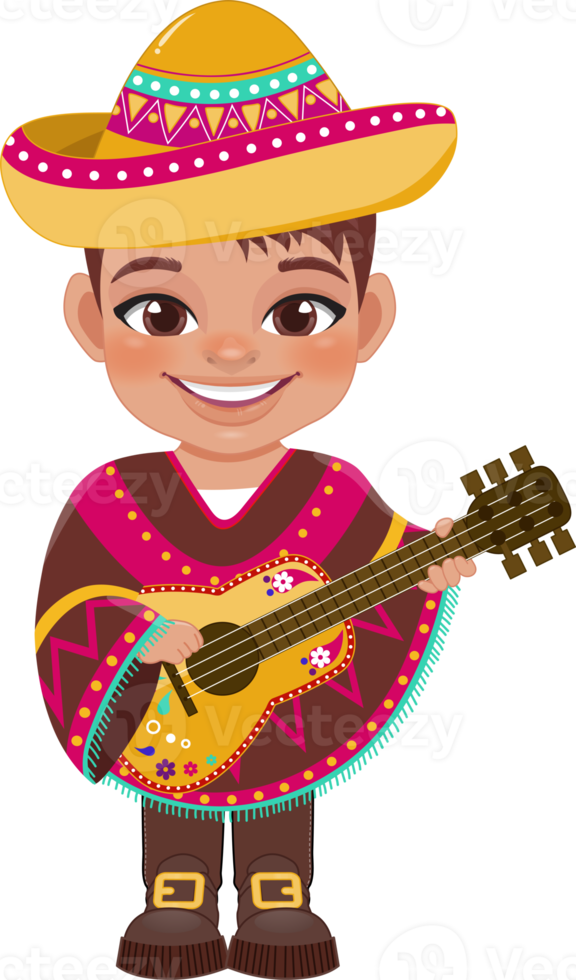 Cute boy in mexican folk outfit and playing guitar for celebrating Cinco de Mayo festival cartoon PNG