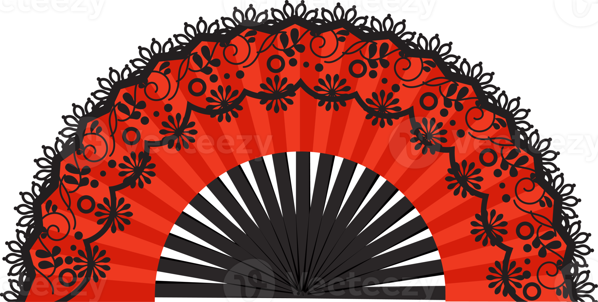 Red hand fan black lace decoration flat icon style PNG