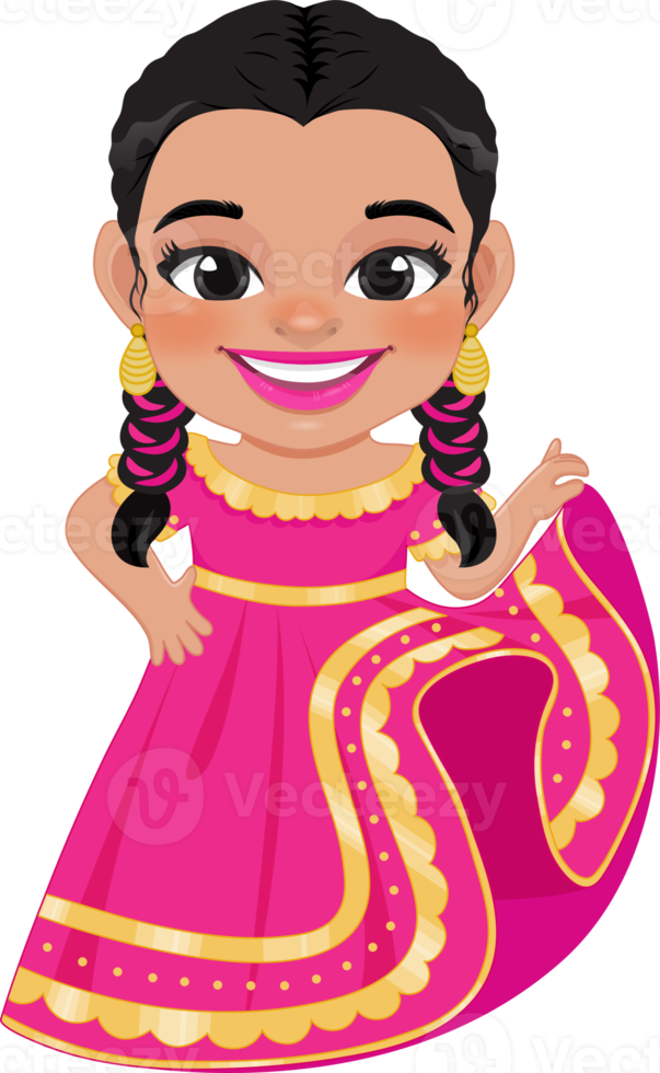Cute girl in mexican folk outfit and  Mariachi Dancer for celebrating Cinco de Mayo festival cartoon PNG