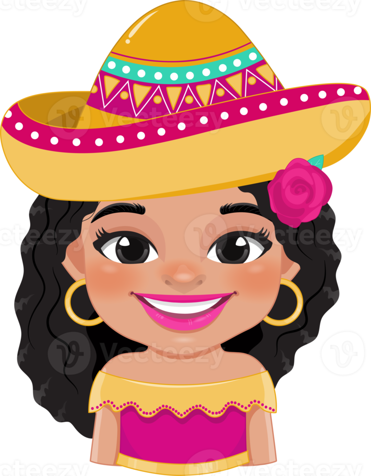 Cute girl in mexican folk outfit Wearing Sombrero hat for celebrating Cinco de Mayo festival cartoon PNG