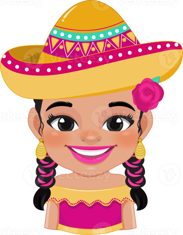 Cute girl in mexican folk outfit Wearing Sombrero hat for celebrating Cinco de Mayo festival cartoon PNG