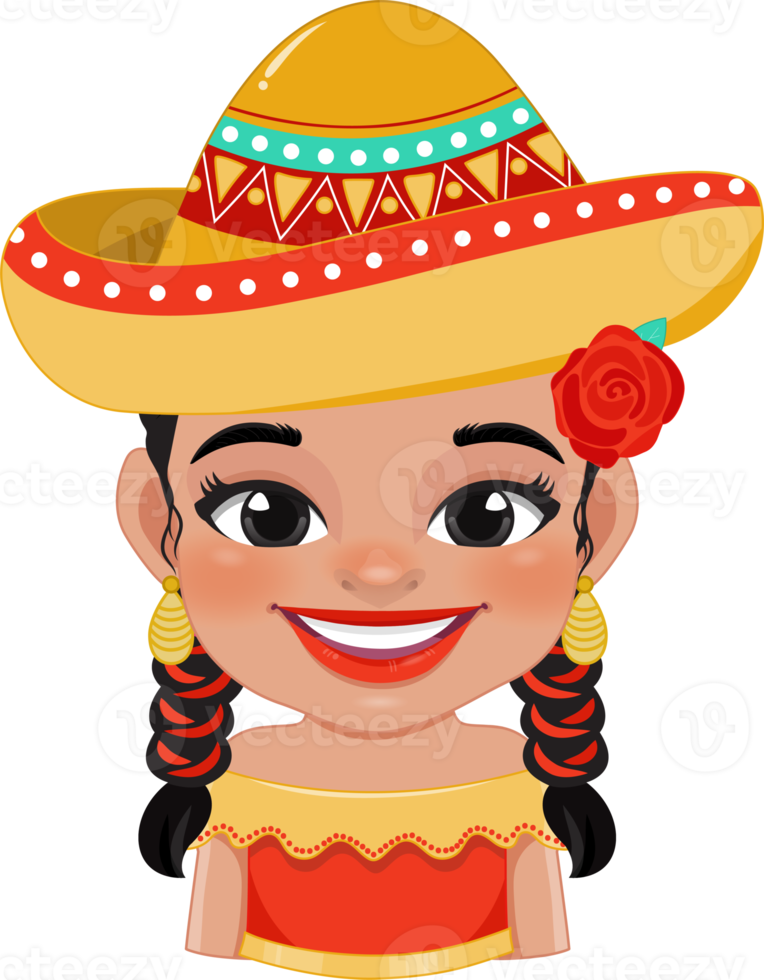 Cute girl in mexican folk outfit Wearing Sombrero hat for celebrating Cinco de Mayo festival cartoon PNG