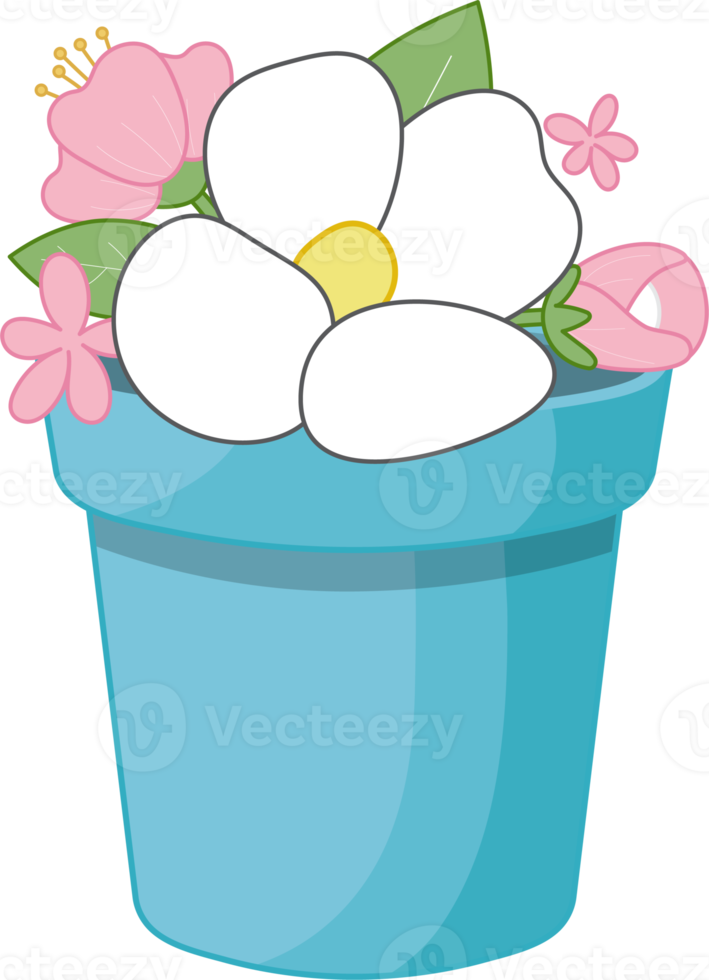 White and Pink Flower in Blue Flower Pot Flat Icon PNG