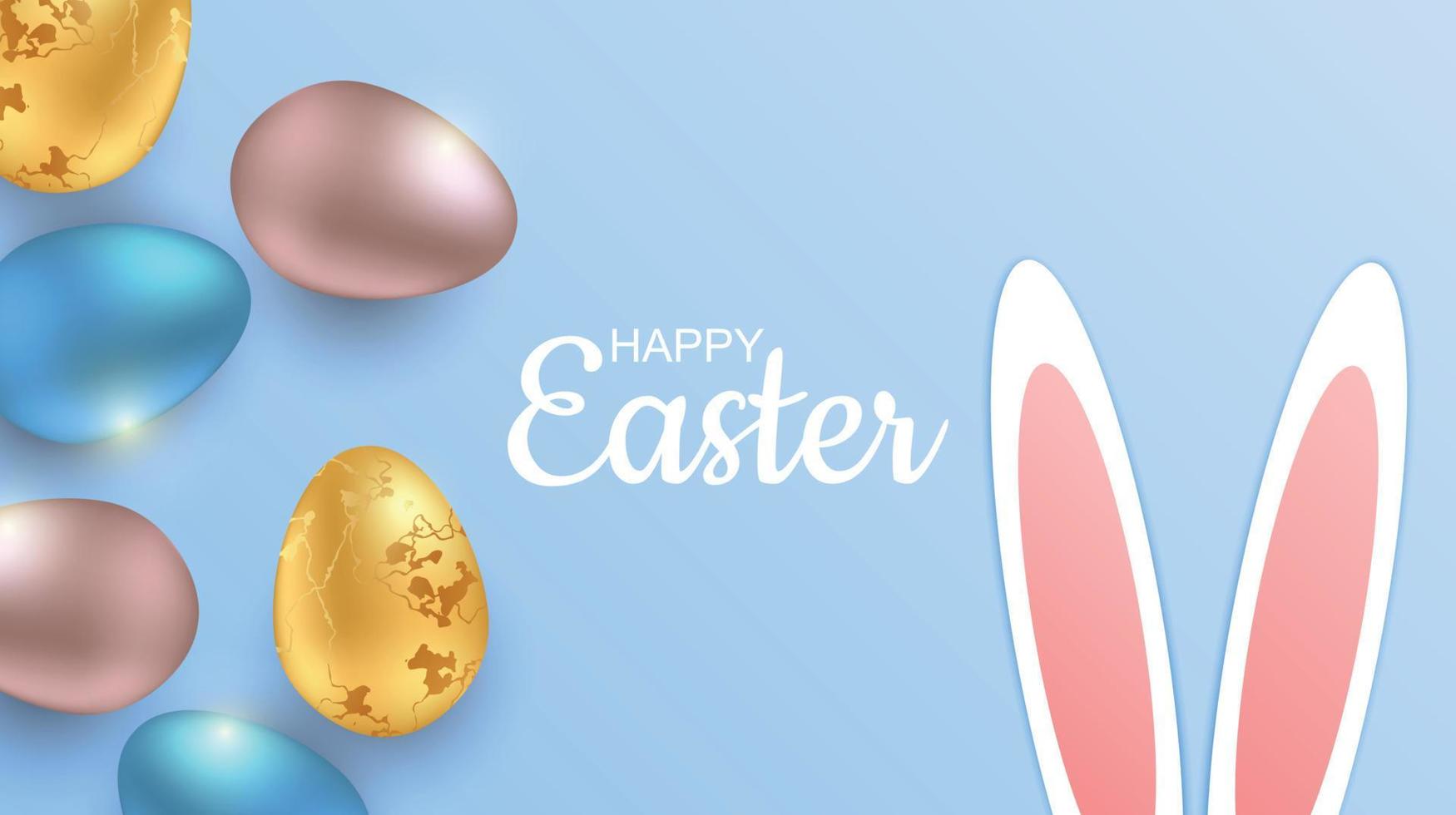 Greeting Easter background with realistic Easter eggs. Top view with copy space vector