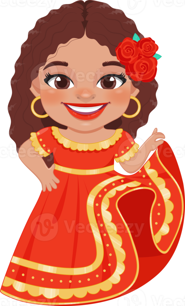 Cute girl in mexican folk outfit and  Mariachi Dancer for celebrating Cinco de Mayo festival cartoon PNG