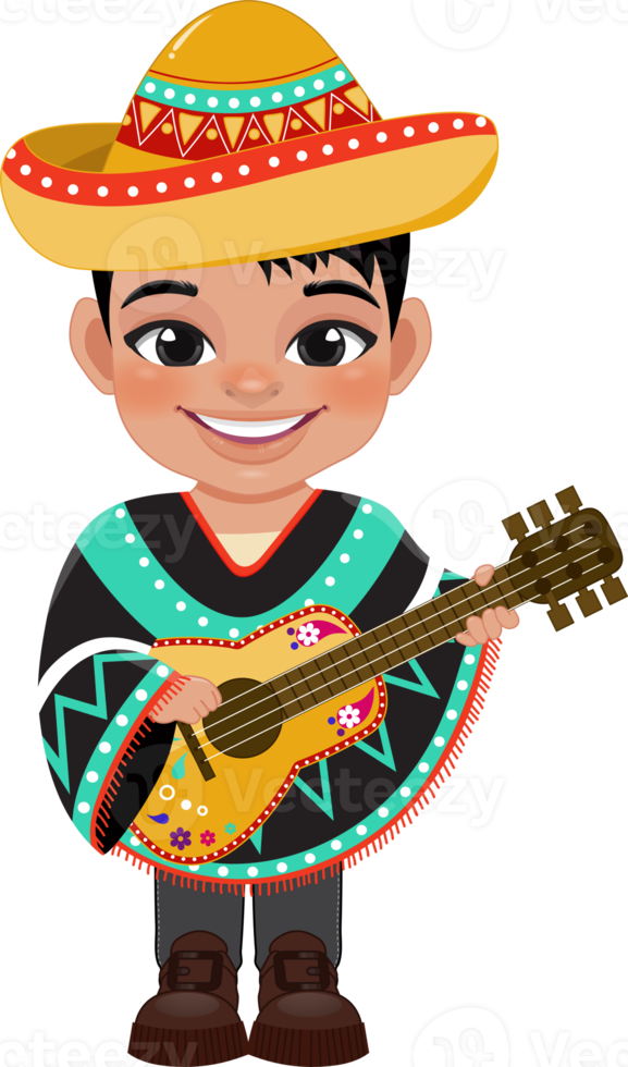 Cute boy in mexican folk outfit and playing guitar for celebrating Cinco de Mayo festival cartoon PNG