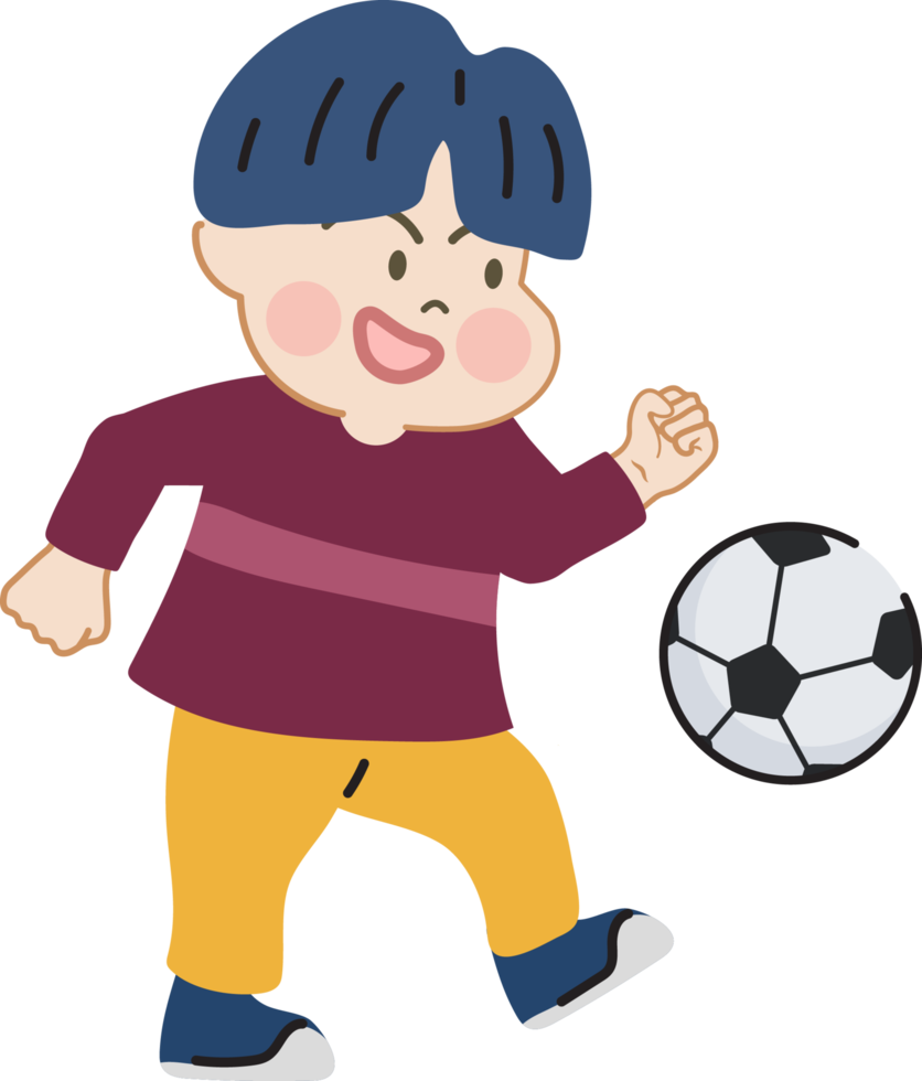 Happy cute kid playing soccer or  football cartoon character doodle hand drawn design for decoration. png