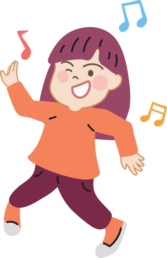 Happy cute kid dance with music cartoon character doodle hand drawn design for decoration. png