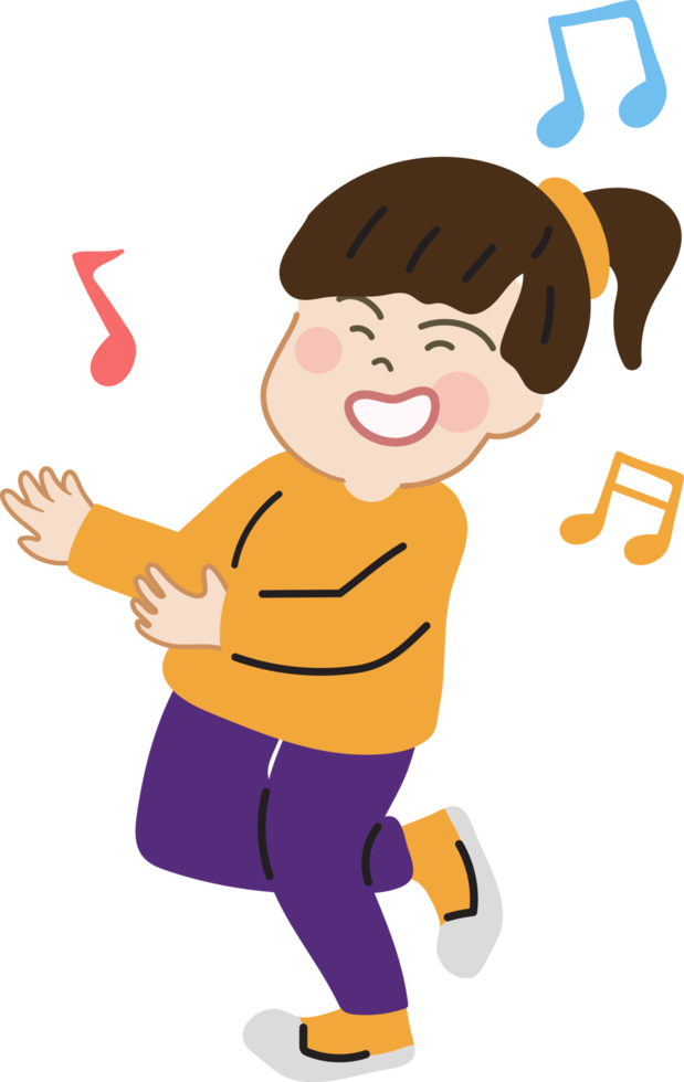 Happy cute kid dance with music cartoon character doodle hand drawn design for decoration. png