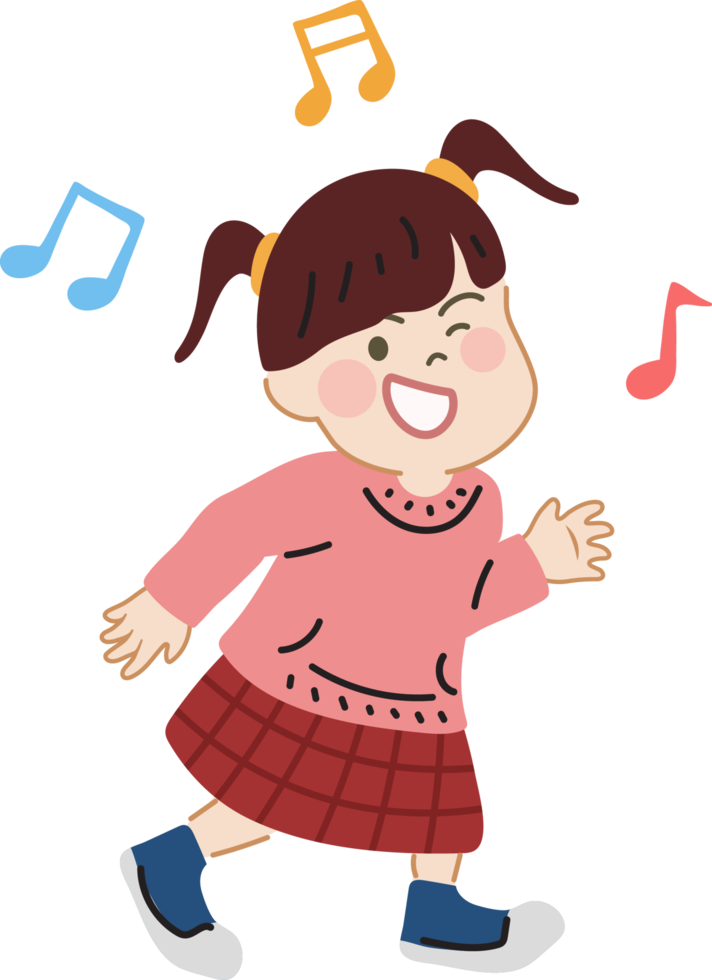 Happy cute kid dance with music cartoon character doodle hand drawn design for decoration. png