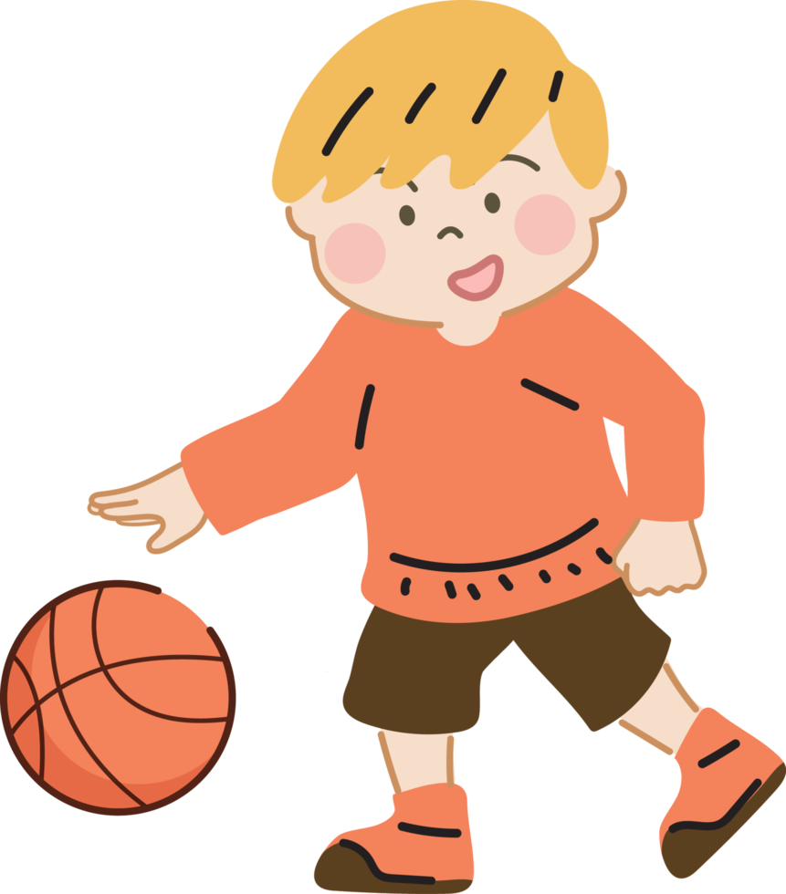 Happy cute kid playing basketball cartoon character doodle hand drawn design for decoration. png