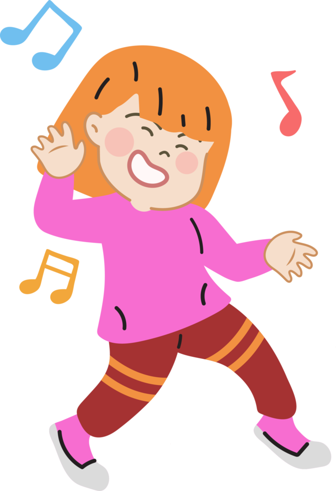 Happy cute kid dance with music cartoon character doodle hand drawn design for decoration. png