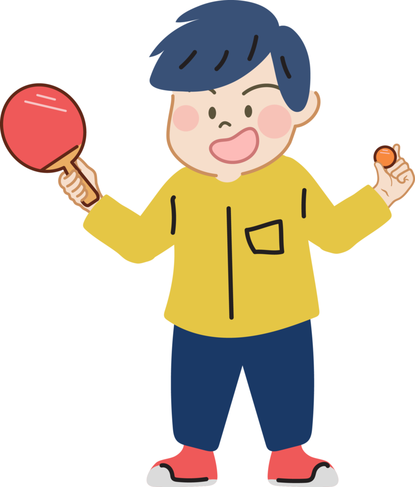 Happy cute kid playing table tennis cartoon character doodle hand drawn design for decoration. png