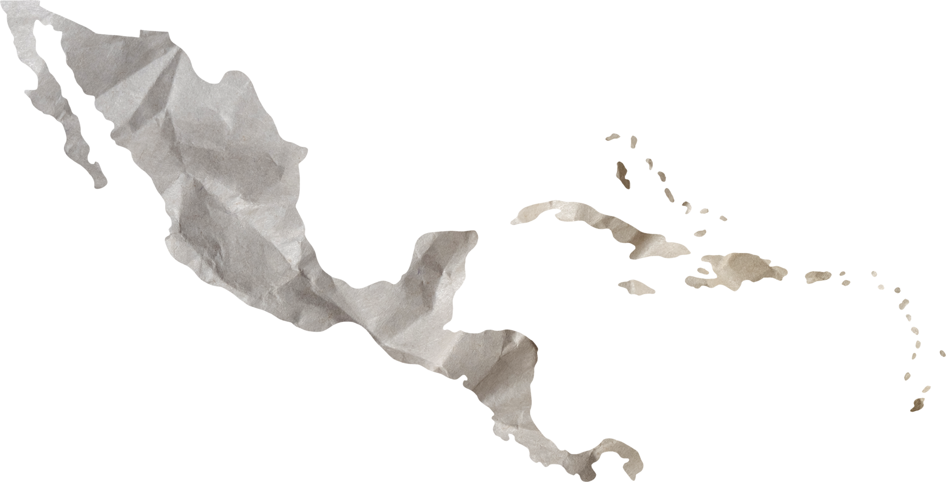 Cental America and Carribean map paper texture cut out on transparent background. png