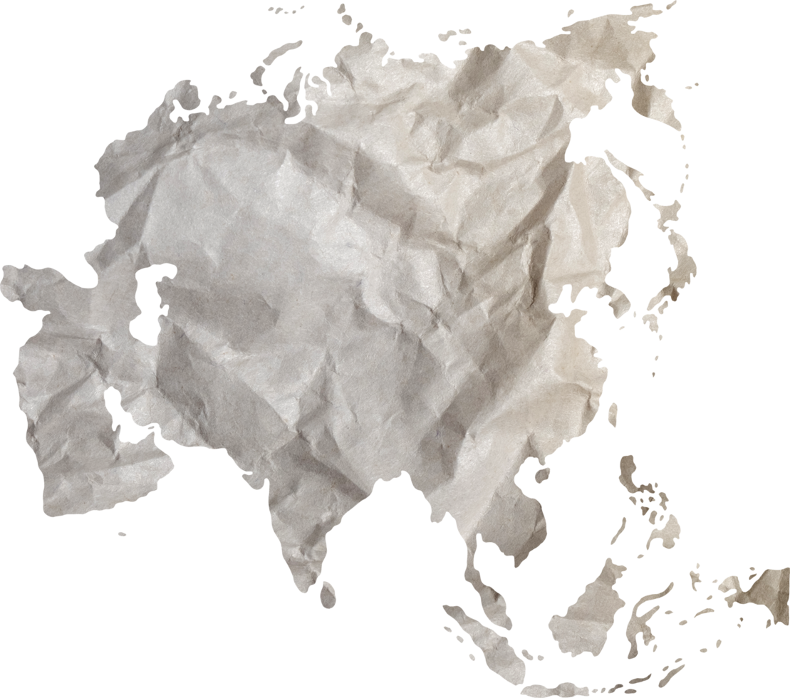 Asia map paper texture cut out on transparent background. png