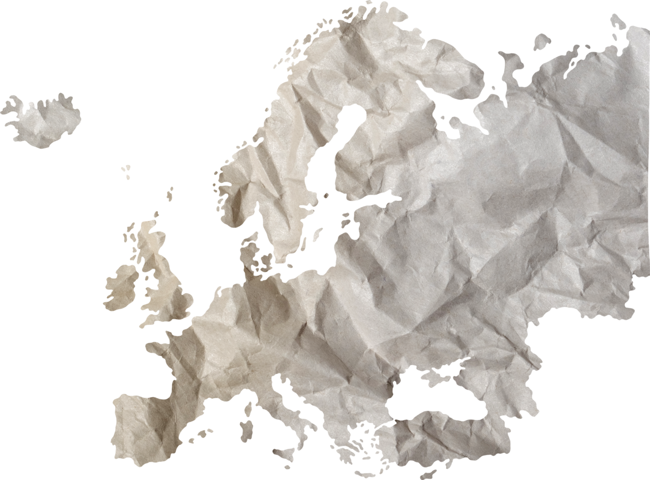 Europe map paper texture cut out on transparent background. png