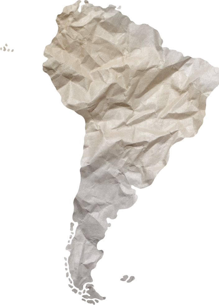 South America map paper texture cut out on transparent background. png