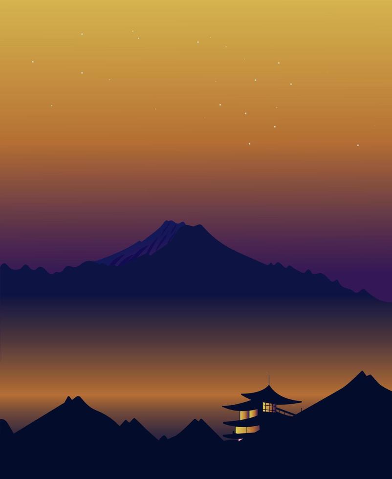 Cyberpunk night landscape pagoda against the backdrop of mountains. Futuristic retro poster vector