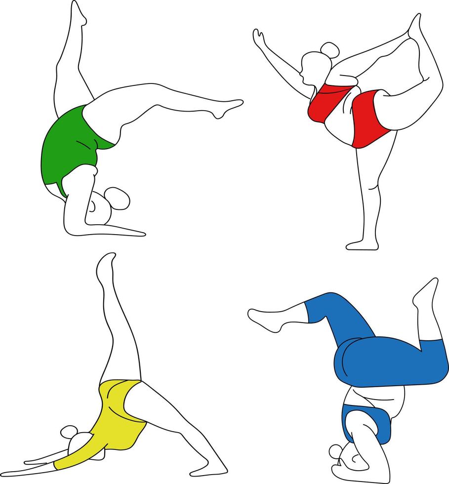 cuerpo positivo yoga conjunto de muchachas en diferente asanas vector
