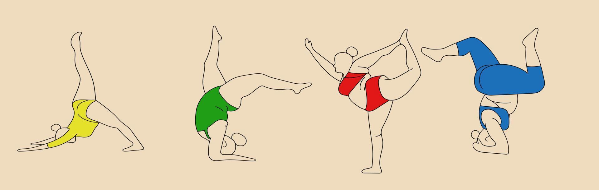 cuerpo positivo yoga conjunto de muchachas en diferente asanas vector