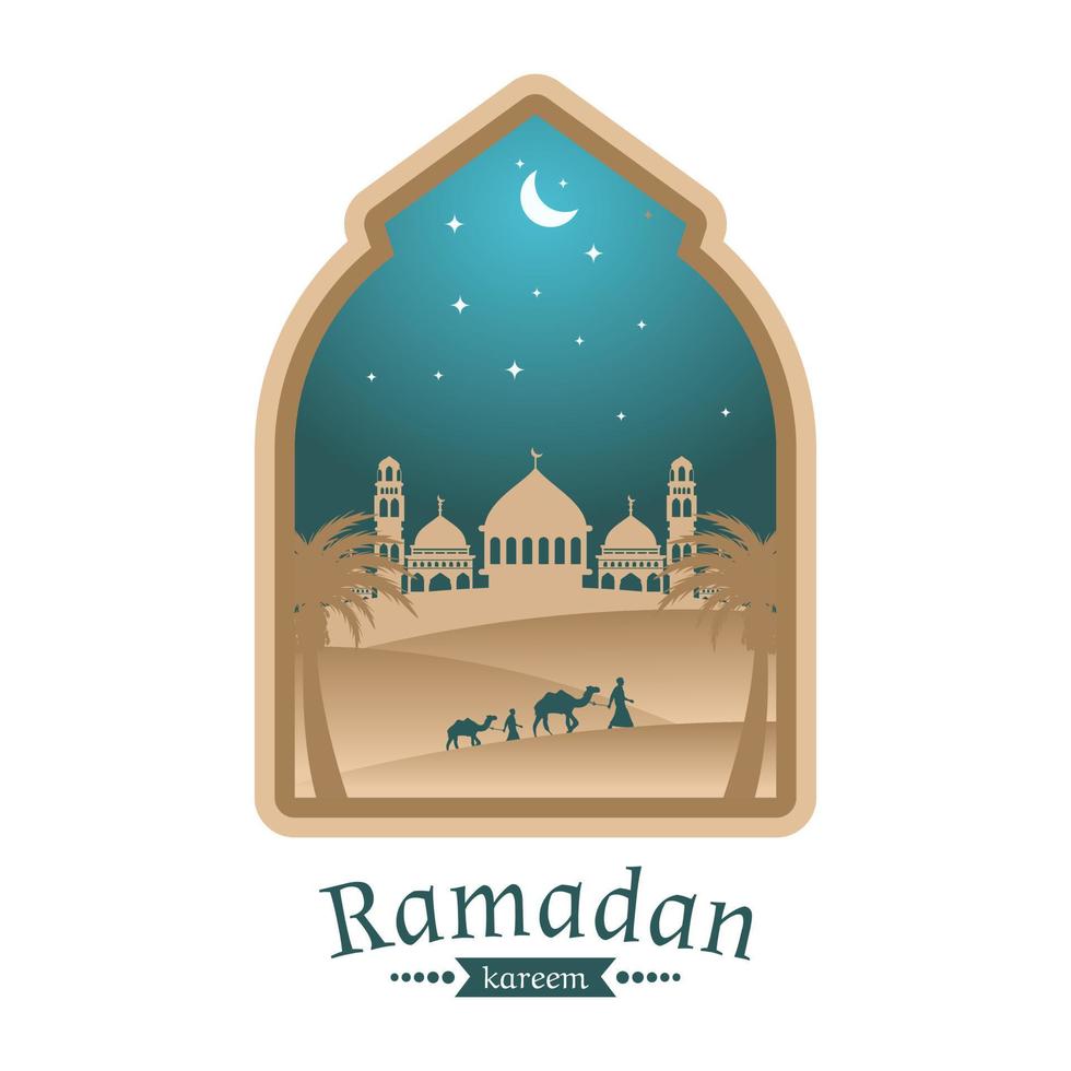 Ramadan greeting card mosque in the middle of desert illustration design vector