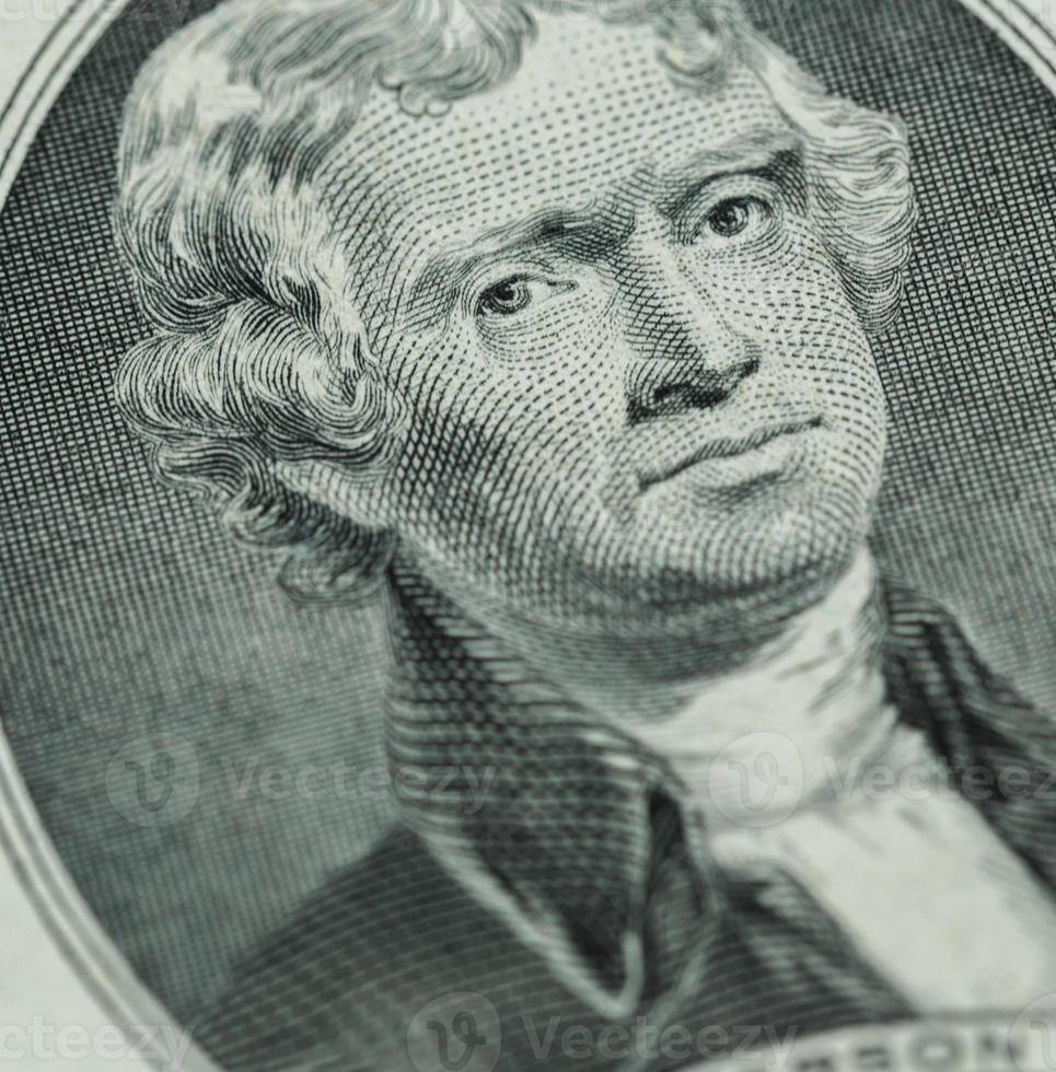 President Thomas Jefferson face on us two dollar bill closeup macro photo