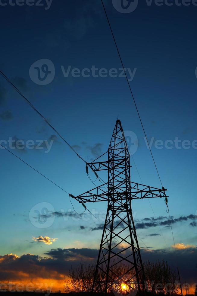 Power lines against the sky at sunset photo